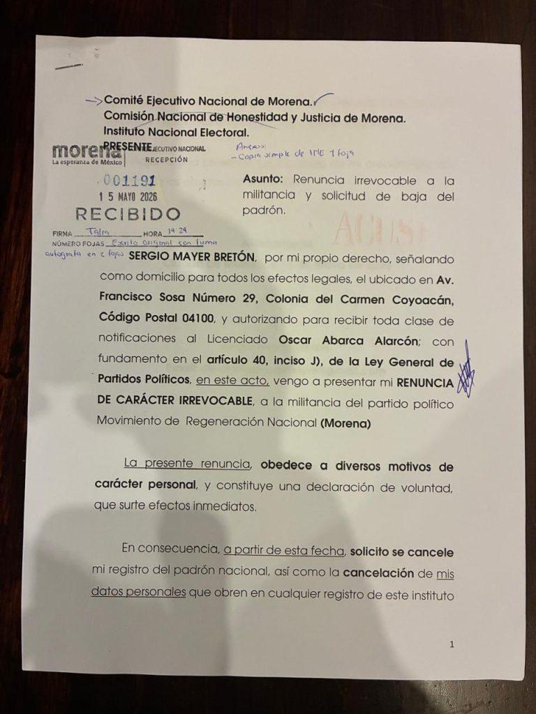 Sergio Mayer renuncia mediante una carta dirigida al congreso del Estado